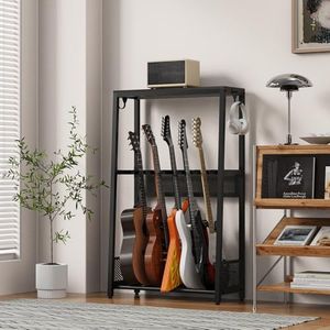 EmberGlow Multi-Guitar Stand, Reinforced & Thickened , Independent Stable Support, Patent Design Authorization,All-Around Protection for Acoustic, Electric, Bass and Ukulele (Model L, Brown Shelf)