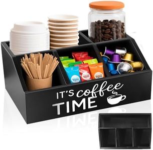 Wacloud Coffee Station Organizer – Wooden Condiment Holder for Coffee Bar Accessories, Tea Bags, Pods, Stirrers – Rustic Countertop Storage Basket for Home & Office