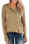 BETTE BOUTIK Long Sleeve Shirts for Women Loose Fitting Pullover Tops V Neck Henley Tops Plus Size Brown