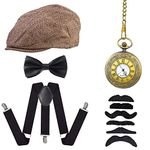 Beelittle 1920s Mens Gatsby Gangster Costume Accessories Set - Gatsby Newsboy Beret Hat,Suspenders, Pocket Watch,Tie, Pre Tied Bow Tie,Cigar, Fake Mustache (Style 4)