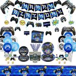 Video Game Party Supplies, Gaming Themed Birthday Party Decor for Boys and Gamer - Including Plates, Cups, Napkins, Tablecloth, Cake Toppers, Hanging Swirls, Banners and Balloons, Total 144 Pieces