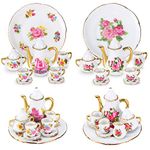 Sieral 2 Set 1:12 Miniature Tea Cup Sets Porcelain Dollhouse Accessories Dollhouse Decoration Mini Flower Pattern Teapot Cup Plates Set for Little Girls Dollhouse Coffee Shop Kitchen Accessories