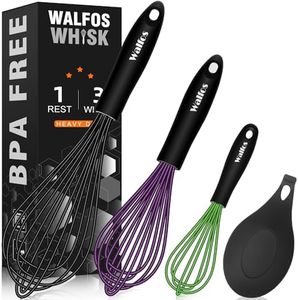 Walfos Set Of 3 Silicone Balloon Whisk, Heat Resistant Non Scratch Coated Kitchen Whisks For Cooking Nonstick Cookware, Balloon Egg Wisk Perfect For Blending, Baking, Beating. (Black/Purple/Green)