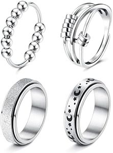 FUNRUN JEWELRY 4Pcs Stainless Steel Fidget Anxiety Ring for Women Men Fidget Spinner Rings Moon Star Celtic Stress Relieving Spinning Ring Wedding Band Rings Set(S10)