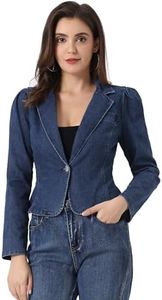 Allegra K Women's Denim Jacket Notched Lapel Denim Blazer Long Sleeve One Button, Blue, S