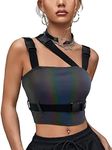 CYCLAMEN Women's Buckle Tank Tops Sleeveless Tube Crop Cami Tops Rave Gothic Punk Streetwear Shirt, A-reflective Muticolor, Buckles, Small