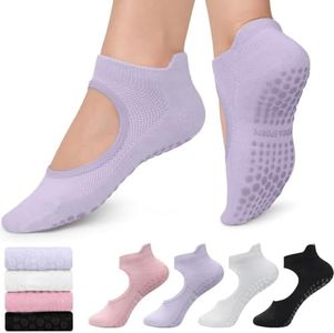 4 Pairs Grip Socks Pilates Socks Women with Mesh,Non-slip Yoga Athletic Yoga Socks Reformer Pilates Grip Socks Grippy Socks by H HOME-MART (Standard, Purple/Pink/White/Black(Open Instep))