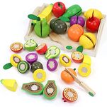 Wooden Play Food Montessori Toys for 2 3 4 Year Old Girls Boys Cutting Fruits Pretend Play Kitchen Accessories Toddlers Educational Kids Toys Christmas Birthday Gifts for 2 3 4 5 Year Old Boy Girl