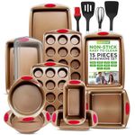 NutriChef, Bakeware Set, Baking Pans, Baking and Cookie Sheets, Includes: Cookie Sheets, Cake Pans, Muffin Pans, Loaf Pans, Square Pan, Roaster with Lid, Kitchen Utensils Set, Copper and Red, 15pc