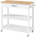 Yaheetech Kitchen Island Cart on Wheels with Bamboo Tabletop, 3-Tier Rolling Kitchen Island Microwave Cart with Drawer, Detachable Towel, 3 Hooks, 17″D × 37.5″W, White