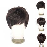 Remeehi Handsome Fluffy Men's Human Real Hair Wigs Mono Lace Toupe Full Bang Short Straight Human Black Hair Replacements for Men Wig Dark Brown