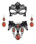 Finrezio Gothic Choker Halloween Black Necklace and Earrings Set for Women Gothic Red Pendant Choker Mask Lace Dangle Earrings Halloween Jewellery Set for a Halloween Costume Cosplay