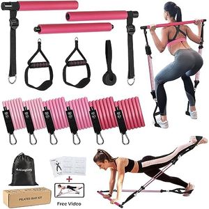 Pilates Bar Kit, ALongSong Gym Bar Kit with 6 Resistance Bands (20/30/40lb), Portable Home Workout Equipment Adjustable Height Bands Bar Pilates Exercise Equipment Bar Kit for Home Full-Body Workouts