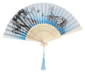 AUM Colorful Floral Pattern Hand Held Foldable Bamboo Japanese Silk Hand Fan (Blue- T7) Gift Fan for Girls Women Wedding Favour Theme Party Decoration Stage shows Dance