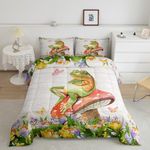 Feelyou Frog Bedding Set Kids Kawaii Decor Comforter Set Frog Mushrooms Comforter Cover Set for Boys Room Decor Botanica Cute Mushroom Decor Green Red Duvet Set Queen Size 3Pcs Quilt Set