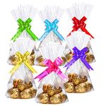 pengxiaomei 100Pcs Clear Cellophane Treat Bags, 30 x 20cm Flat Treat Bags 8" X 12" Cellophane Block Bottom Storage Bags with 100Pcs Colorful Ties Bows