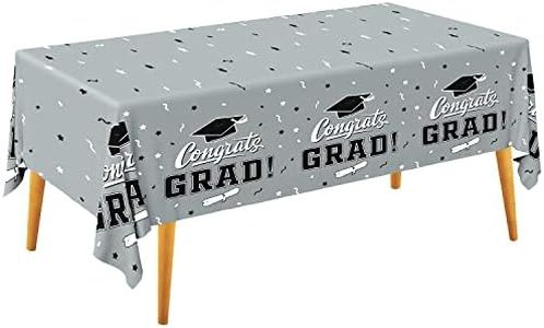 Gatherfun Graduation Party Decorations, Gongrats Grad Tablecover for Graduation Party Supplies, 3 pcs Silver Table Cloths, 54"x108"