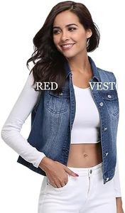 MISS MOLY Women Crop Denim Jacket Sleeveless Jean Red Denim Jackets with Pockets (Red - XL)