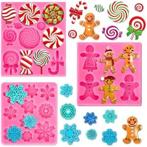 Whaline 3Pcs Christmas Candy Fondant Mold Pink Gingerbread Man Snowflake Silicone Mold Assorted Chocolate Candy Mould for Xmas Winter Party Cupcake Sugar Craft Gum Resin Clay