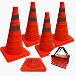 BotaBay 4PCS Collapsible Traffic Cones 70cm Safety Road Parking Cones Weighted Cones Construction Cones Fluorescent Orange Reflective Silver Strips Collar with PVC handbag