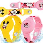 Waterproof Air Tag Bracelet for Kids [2 Pack], Cute Cartoon Air Tag Holder for Kids with Full Coverage Hidden Design, Silicone Airtag Wristband for Child, Healthy Material Pink + Yellow