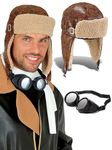 Mega_Jumble Adult Vintage RAF Granddad Grandpa Excape Biggles Aviator Pilot Flying Man Fancy Dress Costume Set - Pilot Hat/Helmet & Goggles