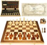 Kovend Wood Chess Set 15 Inch - Includes Premium Inlaid Board Staunton Handcrafted Wooden Chess Pieces Bonus Checkers Game Pieces Extra Queens for Pawn Promotion Convenient Accessory Storage Travel