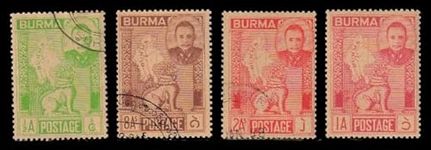 ISC~ Burma 1948 Stamps - Map of Burma & General Aung San, Set of 4 Used Stamps, Old & Rare Stamps, S.G. No. 83-87, All Genuine Postage Stamps ~ STAMPEX