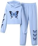 OYOANGLE Girl's 2 Piece Outfits Butterfly Print Long Sleeve Hoodie Sweatshirts and Jogger Sweatpants Set Tracksuit Blue 10Y