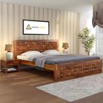 SONA ART & CRAFTS Sheesham Wood Queen Size Bed Without Storage Soild Wooden Cot Bed Double Bed Furniture for Bedroom Living Room Home - (Honey Finish) Queen_Dimond