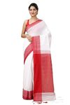 T.J. SAREES Women's Handloom Pure Soft Cotton Bengali Tant Sarees With Blouse Piece (Red And White, Pack of 1)