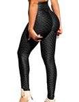 RIOJOY Women's Ruched Butt Fitness Leggings High Waist Stretchy Honeycomb Texture Running Tights, L, Black