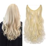 iLUU Halo Hair Flip in Extensions 18" 80g 60# Platinum Blonde Fashion Color Long Curly Synthetic Hairpieces Invisible String Transparent Wire Fish Line Flip on Wavy Hair Extensions for Women