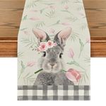 Artoid Mode Bunny Rabbit Tulip Flowers Easter Table Runner, Seasonal Spring Kitchen Dining Table Decoration for Home Party Decor 13x72 Inch