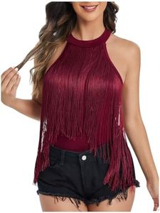 Verdusa Women's Western Boho Fringe Trim Sleeveless Bodycon Halter Bodysuit Top Cowboy Chic Outfits Dark Red X-Large