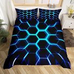 Honeycomb Duvet Cover Black Blue Teal Geometric Hexagonal Bedding Set for Boys Kids Teen,3D Hexagon Beehive Geometrical Comforter Cover Double,Glow Neon Light Quilt Cover Simplistic Bedroom Decor