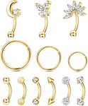 CASSIECA 12pcs 16G Rook Piercing Jewelry Eyebrow Rings Stainless Steel Belly Lip Ring Cartilage Hoop Rook Daith Earrings Tragus CZ Body Piercing Curved Barbell, Steel, Stainless Steel