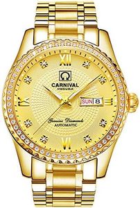 Carnival Mens Dial Automatic Full Gold Stainless Steel Sapphire Glass Waterproof Men Black Watch, Full Gold, Automatic