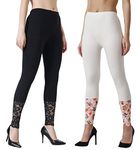 AAKRUSHI Women's Soft & Stretchable Cotton Lycra Legging Lace Ankle Length Color Black-Cream S/M (Pack-2)