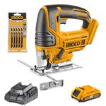 INGCO 20V Lithium-Ion Jig Saw Electric Cordless Jig Saw 2400RPM with 5Pcs Blades, 1Pcs 2.0Ah Battery and Charger Includes 4 Step Pendulum Function