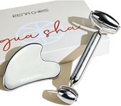 Rena Chris Gua Sha Facial Tool & Face Roller Set, Metal Guasha Tool and Facial Roller [Premium Stainless Steel] Face Massager Tools Suitable for Skin Care Daily Routine, Puffiness, Body Massage