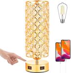 Brabola Crystal Table Lamp, Small Touch Desk Lamp with 2 USB Charging Ports Nightstand Room Decor for Kids Room, Home Office, Living Room, Bar, Restaurant (Gold)