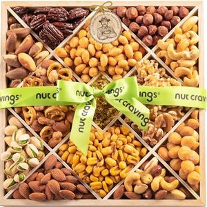 Nut Cravings Gourmet Collection - Mothers Day Mixed Nuts Gift Basket in Reusable Diamond Wooden Tray + Green Ribbon (12 Assortments) Arrangement Platter, Healthy Kosher USA Made