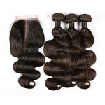 BLISSHAIR Body Wave Hair Bundles with Closure,Body Wave 3 Human Hair Bundles with 4x4 Lace Closure 100% Brazilian Virgin Hair Natural Wave Human Hair Extensions Natural Black(10 10 10+8)