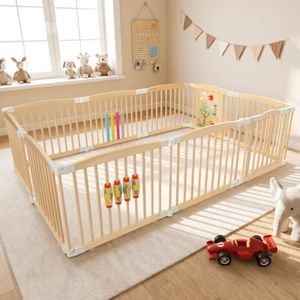 Ezebaby Wooden Baby Playpen, 60"×89"×25" Foldable Wood Play Yard with Montessori Toys for Toddlers, Adjustable Shape Large Baby Fence with Safety Lock, CPC Certified Natural Pine Wood
