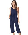 NACHILA Pajamas for Women-Viscose Made from Bamboo, Sleeveless Pjs Tank Top Capri Pants Pajama Sets Cooling Sleepwear, Navy Blue, X-Large
