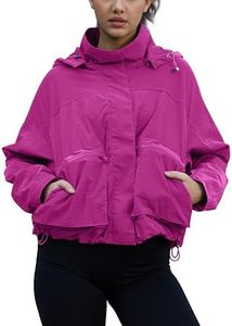PESION PINK Lightweight Rain Cropped Jacket Women Waterproof Raincoat Packable Hooded Windbreaker, Hot Pink, X-Small