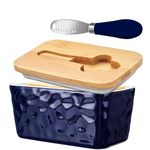 Lovelyduo Large Butter Dish with Lid for Countertop Ceramic Butter Container with Knife Holder Spreader Double Silicone Seals Butte Keeper Stone Pattern Rectangle Navy Blue