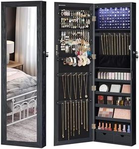 SONGMICS 6 LEDs Mirror Jewelry Cabinet, 47.2-Inch Tall Lockable Wall or Door Mounted Jewelry Armoire Organizer with Mirror, 2 Drawers, Christmas Gift, 3.9 x 14.6 x 47.2 Inches, Black