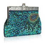 YYW Vintage Clutch Sequin Teal Peacock Unusual Antique Beaded Sequin Evening Handbag Women's Fashion Designer Elegant Purse (Peacock blue)